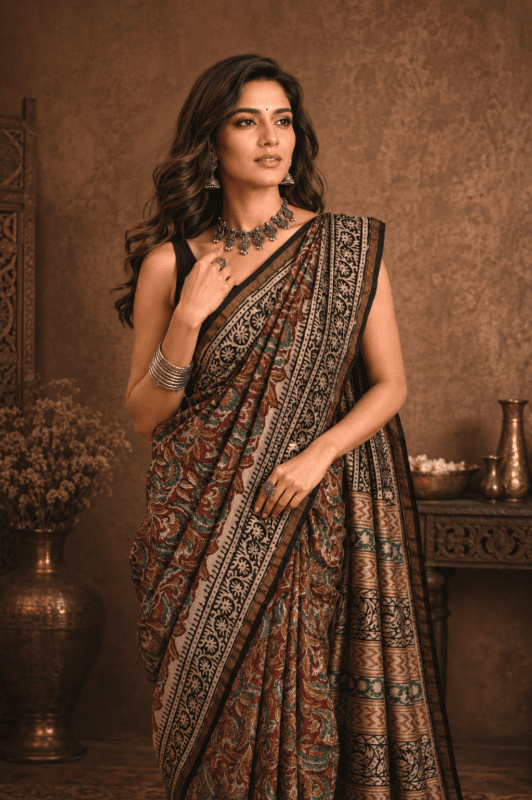 Earthy Rust and Olive Hand Block Printed Chanderi Silk Saree with Traditional Artisan Border by Suti India