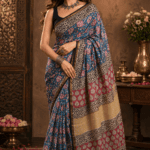 Royal Blue Hand Block Printed Chanderi Silk Saree with Floral Motifs and Traditional Border by Suti India